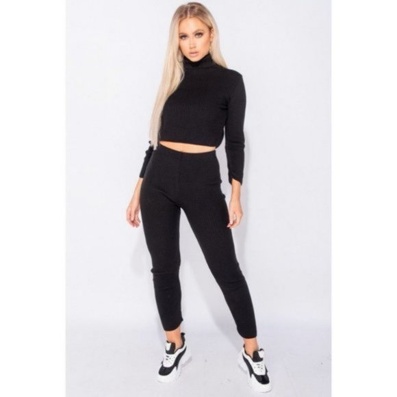 Sweaters - Black Knitted Long Sleeve Turtle Neck Crop Top and Pants Two Piece Set